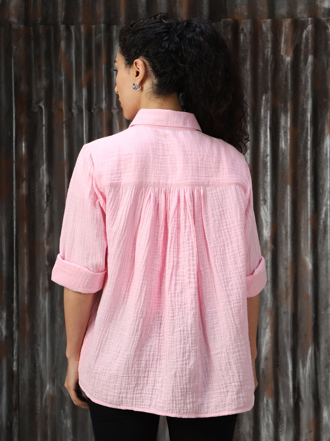 Women Solid Cotton Relaxed Fit  Collar Long Sleeve Shirts