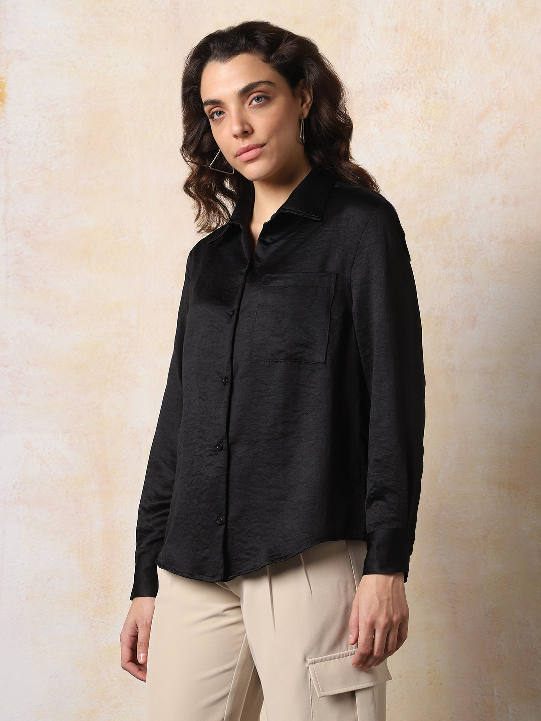 High Star Women Solid Boxy Spread Collar Long Sleeves Shirts