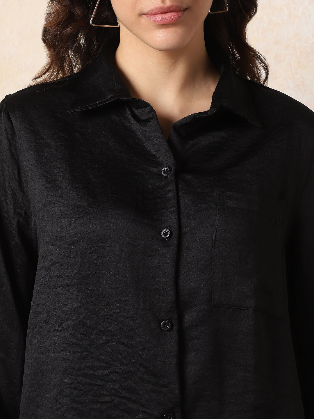 High Star Women Solid Boxy Spread Collar Long Sleeves Shirts