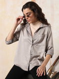 High Star Women Solid Boxy Spread Collar Long Sleeves Shirts