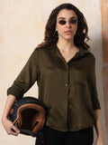 High Star Women Solid Boxy Spread Collar Long Sleeves Shirts