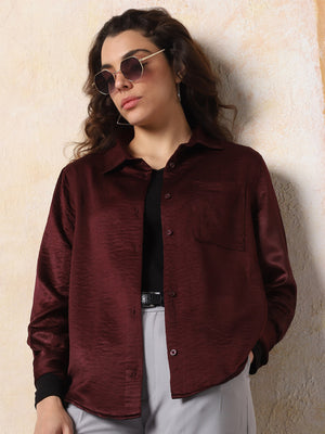 High Star Women Solid Boxy Spread Collar Long Sleeves Shirts