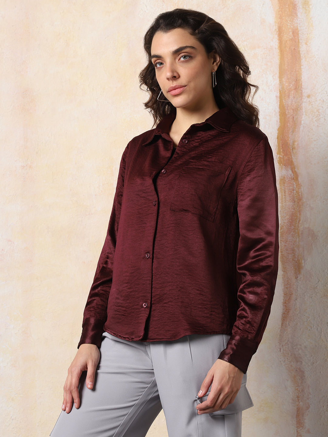 High Star Women Solid Boxy Spread Collar Long Sleeves Shirts