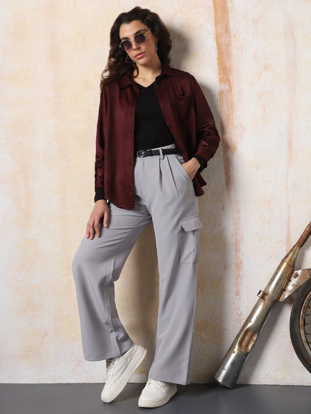 High Star Women Solid Boxy Spread Collar Long Sleeves Shirts