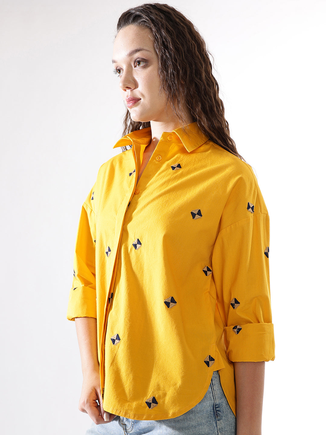 High Star Women Embroidered Oversized  Spread Collar Cotton Long Sleeves Shirts