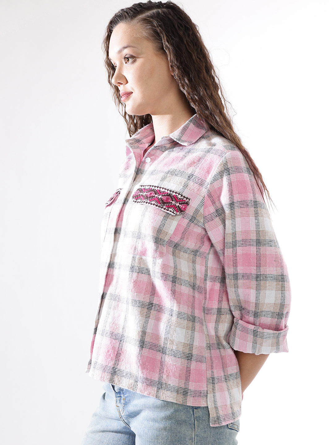 High Star Women Embroidered Relaxed Fit  Spread Collar Regular Sleeves Casual Shirts