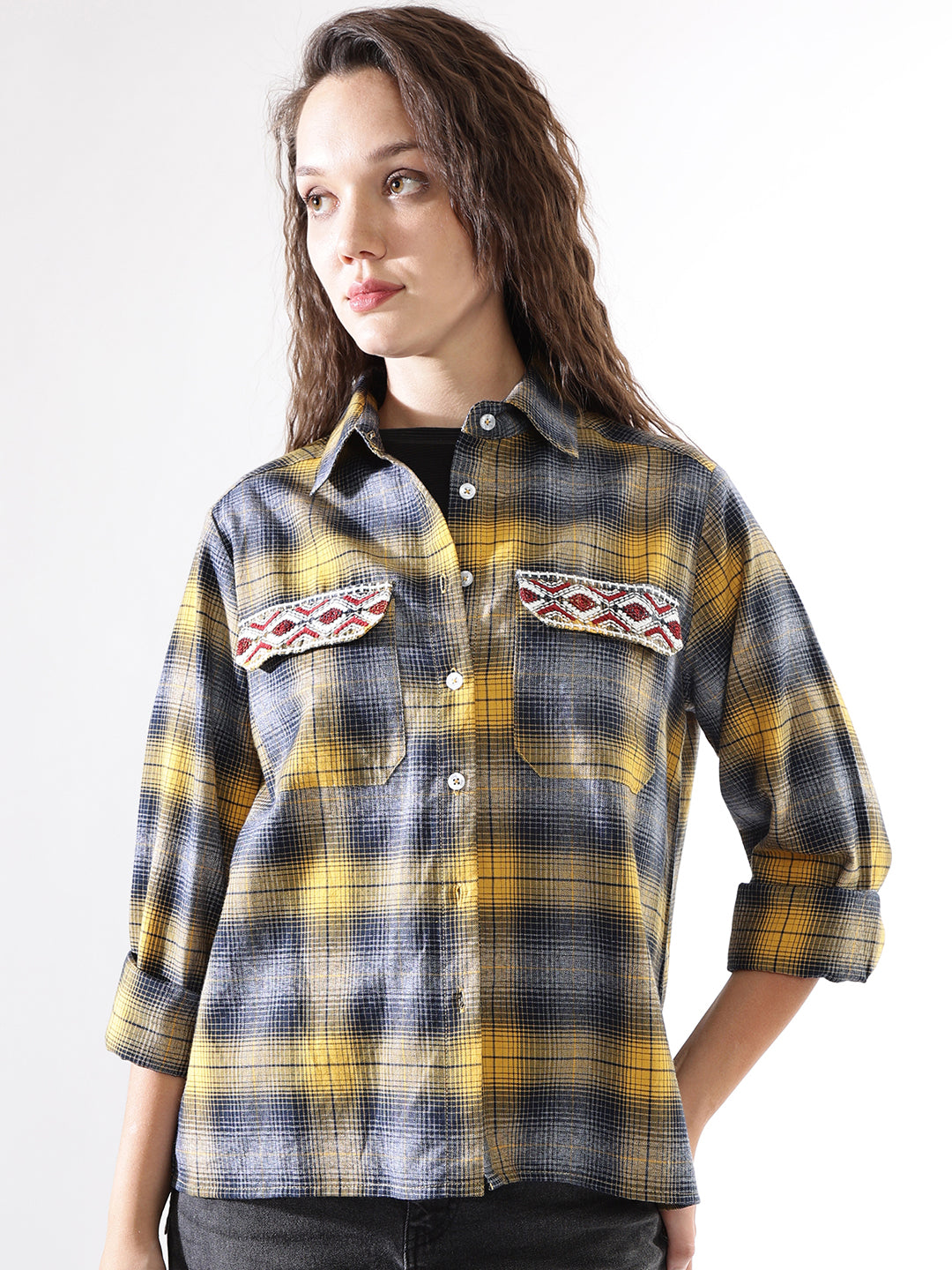 High Star Women Embroidered Relaxed Fit  Spread Collar Regular Sleeves Cotton Shirts