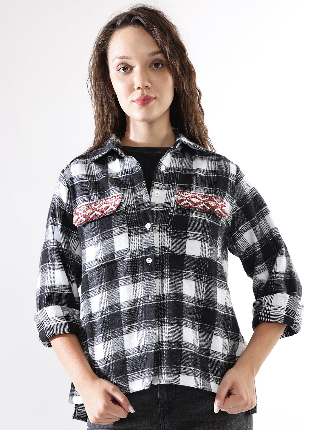 High Star Women Embroidered Relaxed Fit  Cotton Spread Collar Regular Sleeves Shirts