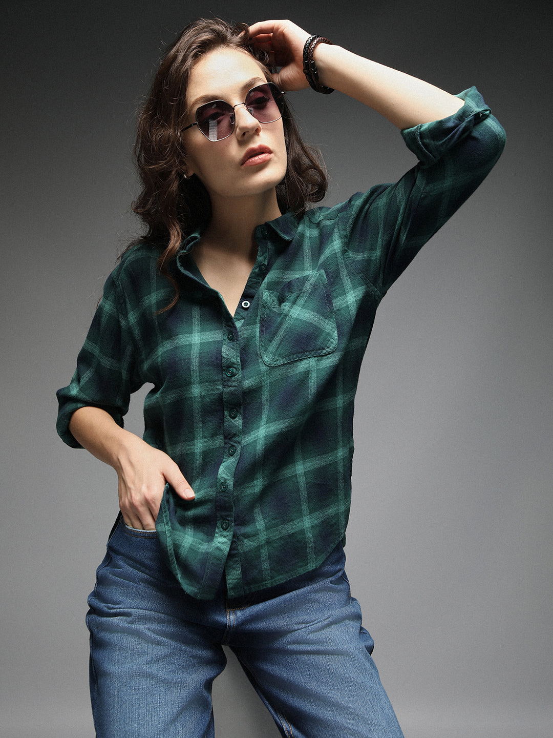 Standard Tartan Checks Spread Collar Long Sleeves Cotton Casual Shirt