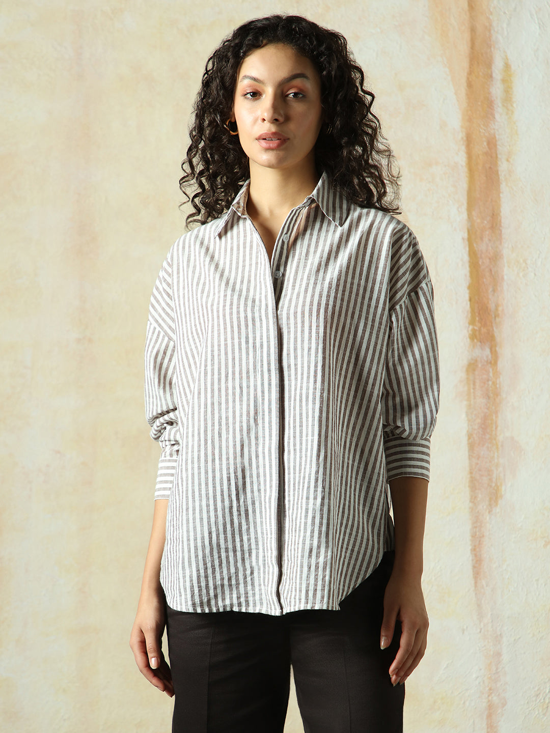 High Star Women Striped Longline length Oversized Spread Collar Spread Collar Long Sleeve Shirts