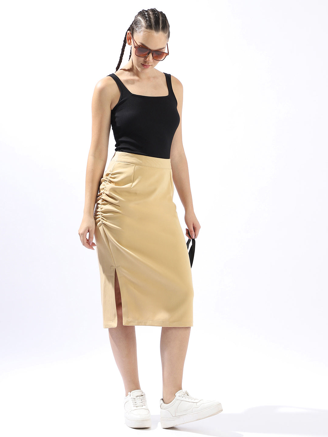 High Star Women Solid Slim Fit Midi High-Rise Straight Skirts