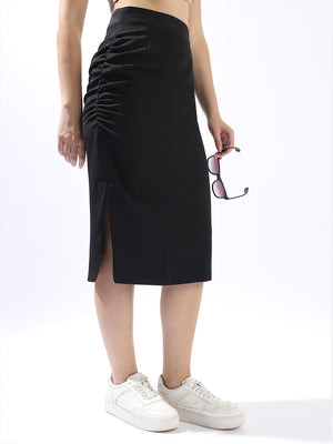 High Star Women Solid Slim Fit Midi High-Rise Straight Skirts