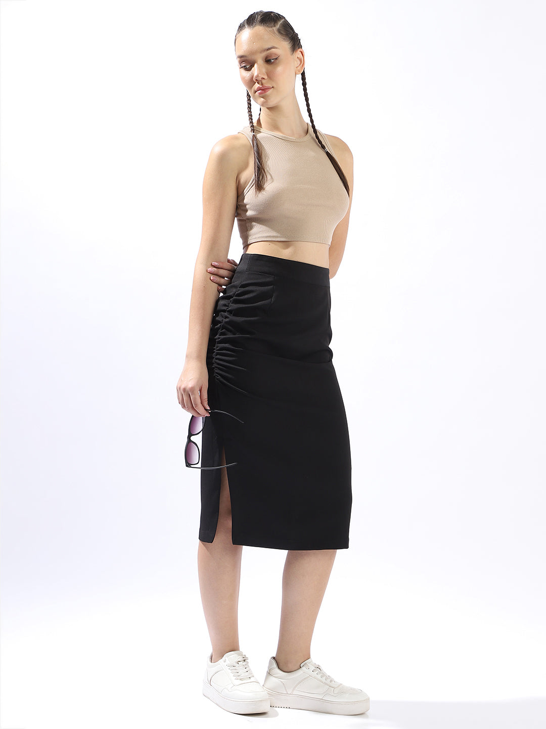 High Star Women Solid Slim Fit Midi High-Rise Straight Skirts