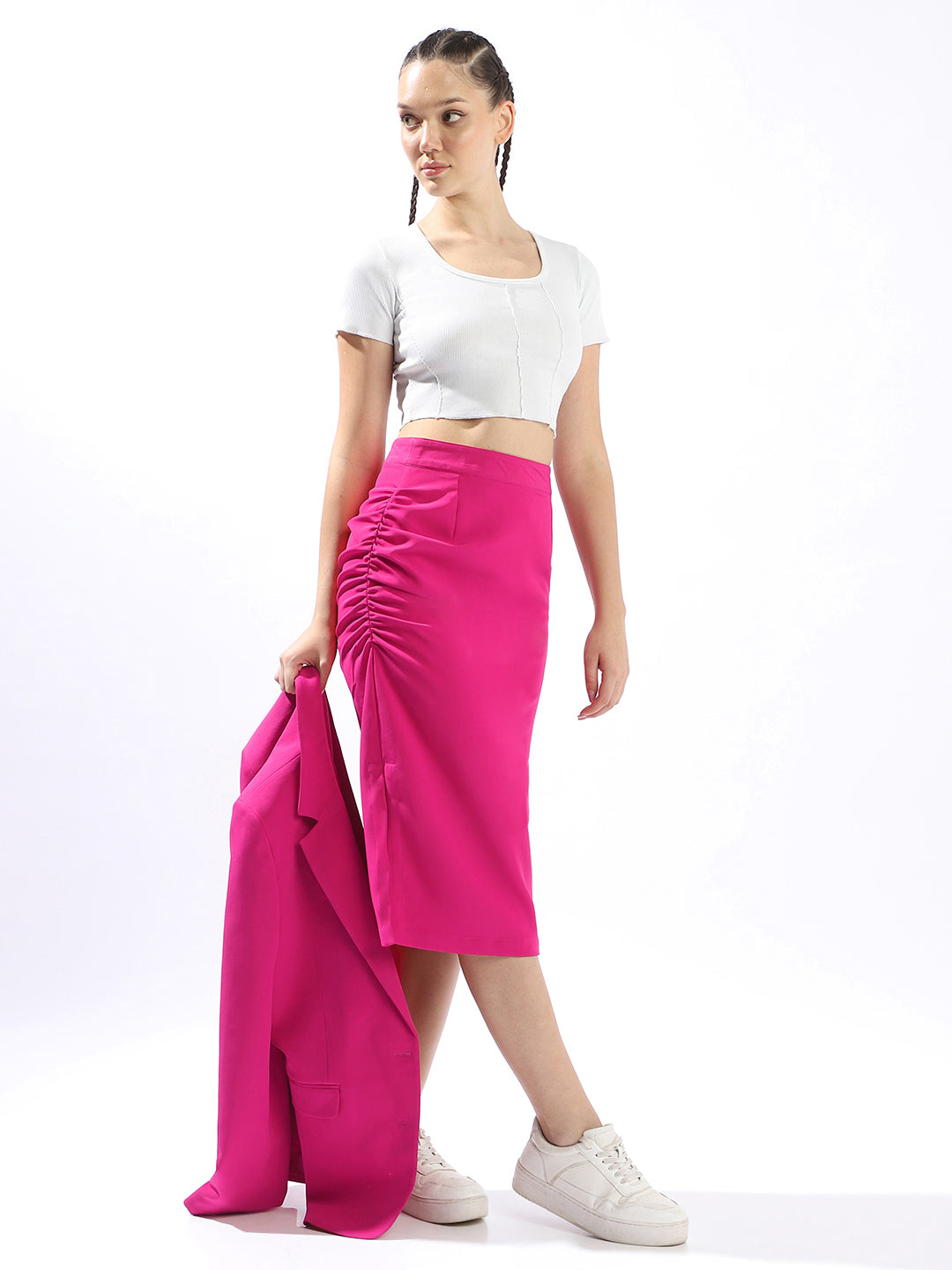 High Star Women Solid Slim Fit Midi High-Rise Straight Skirts