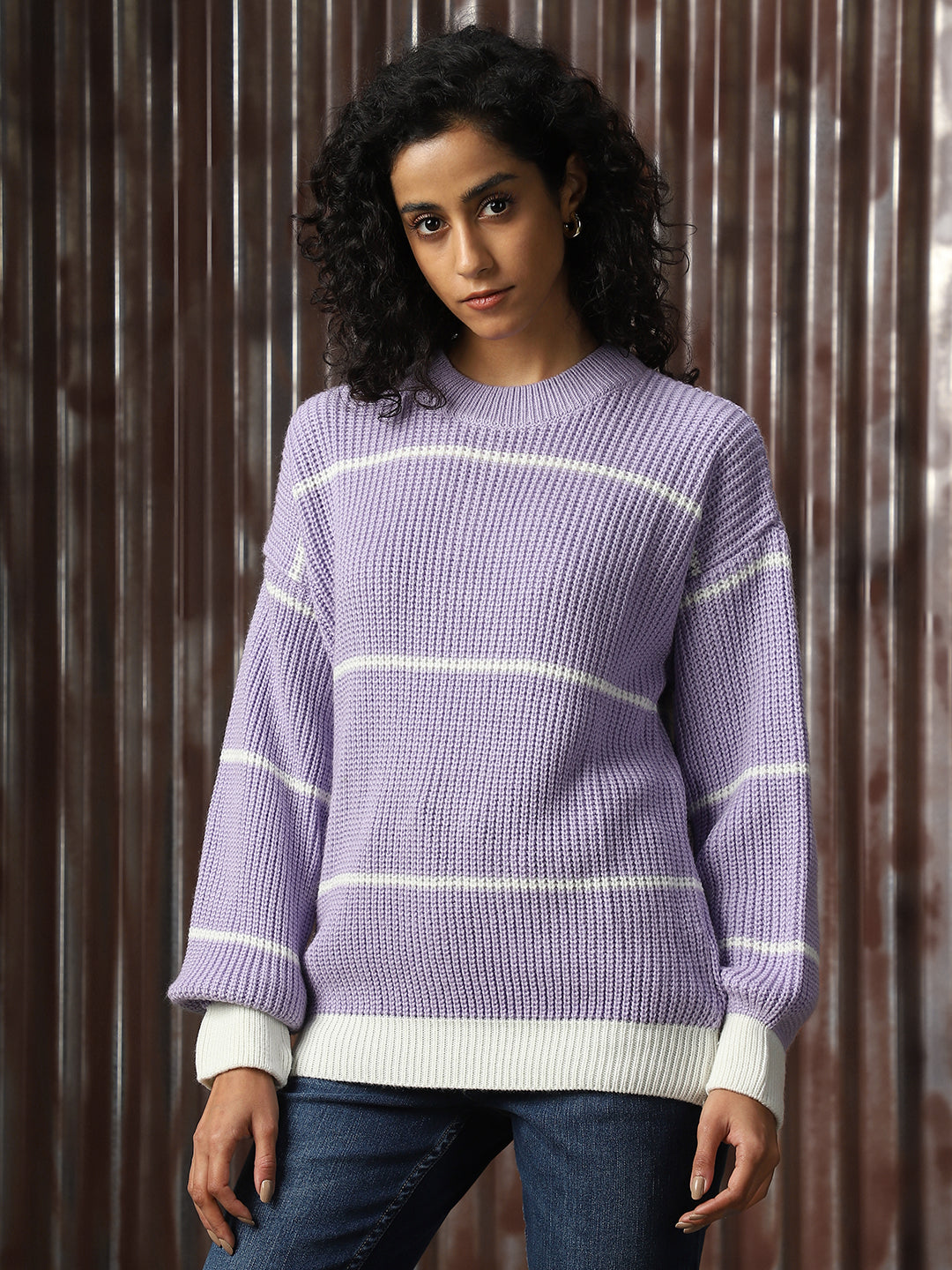 High Star Striped Round Neck Long Sleeves Acrylic Pullover Sweaters