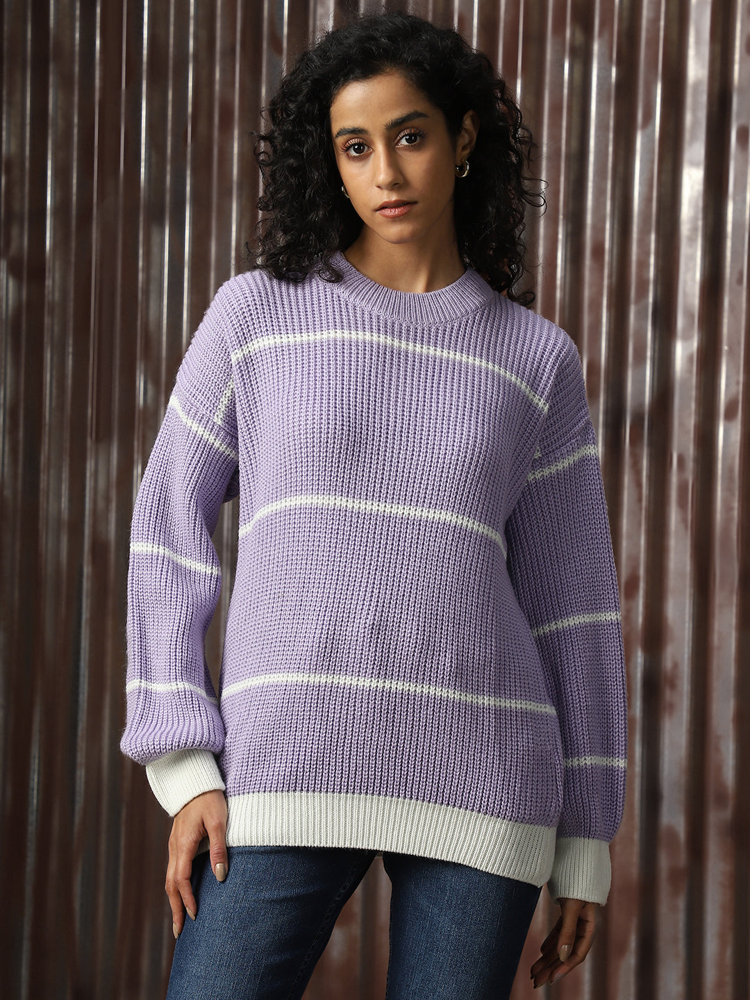 High Star Striped Round Neck Long Sleeves Acrylic Pullover Sweaters