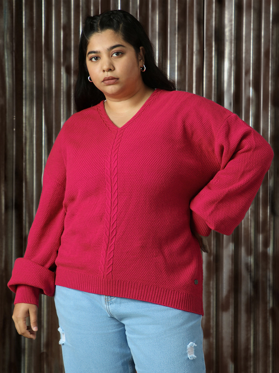 High Star Plus Size Women Cable Knit V neck Cuffed Sleeves Pullover Sw HighStar