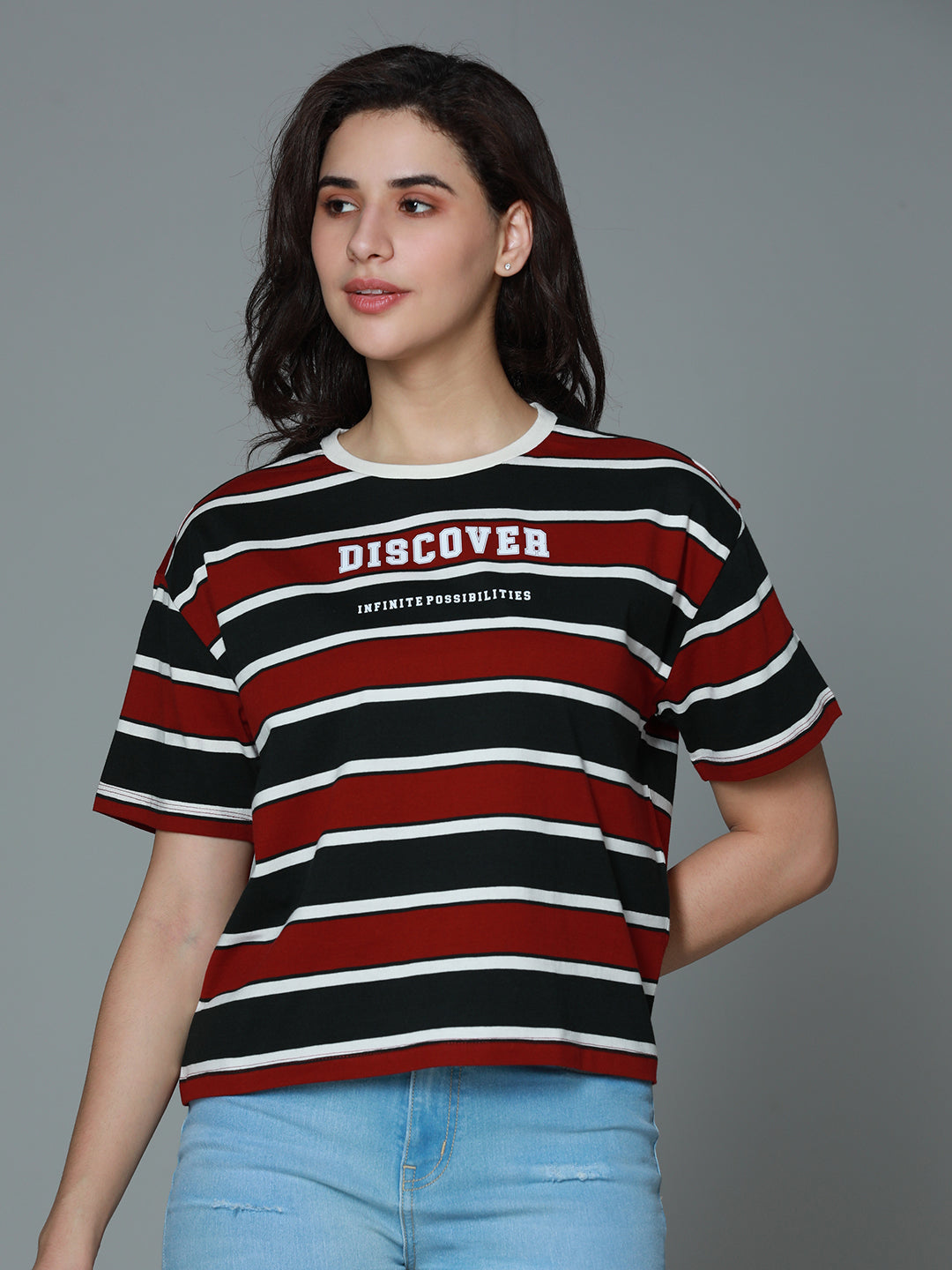 Striped Round Neck Drop-Shoulder Sleeves Cotton Boxy T-shirt
