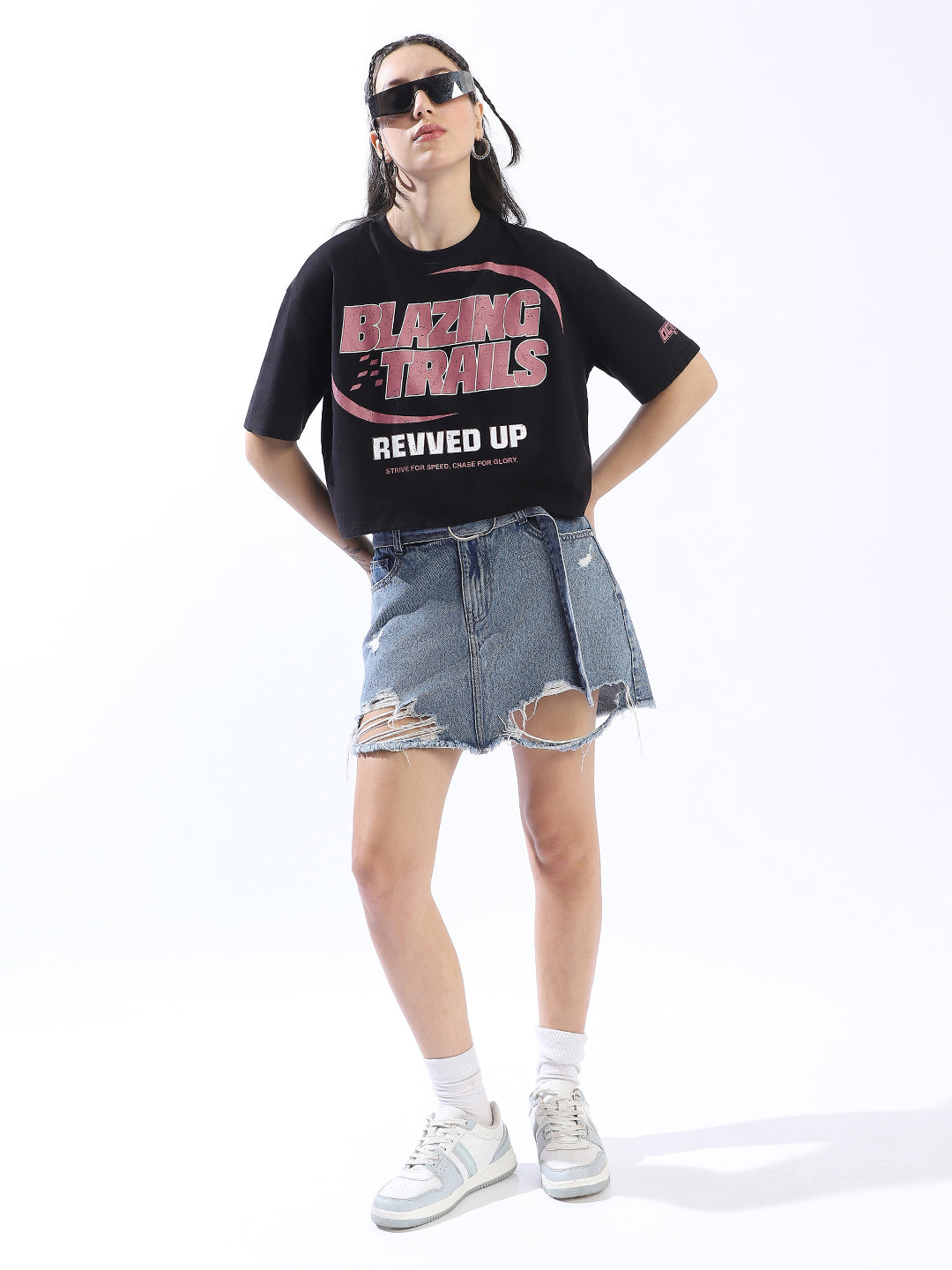 High Star Printed Round Neck Short Sleeves Boxy Crop Cotton T-shirt
