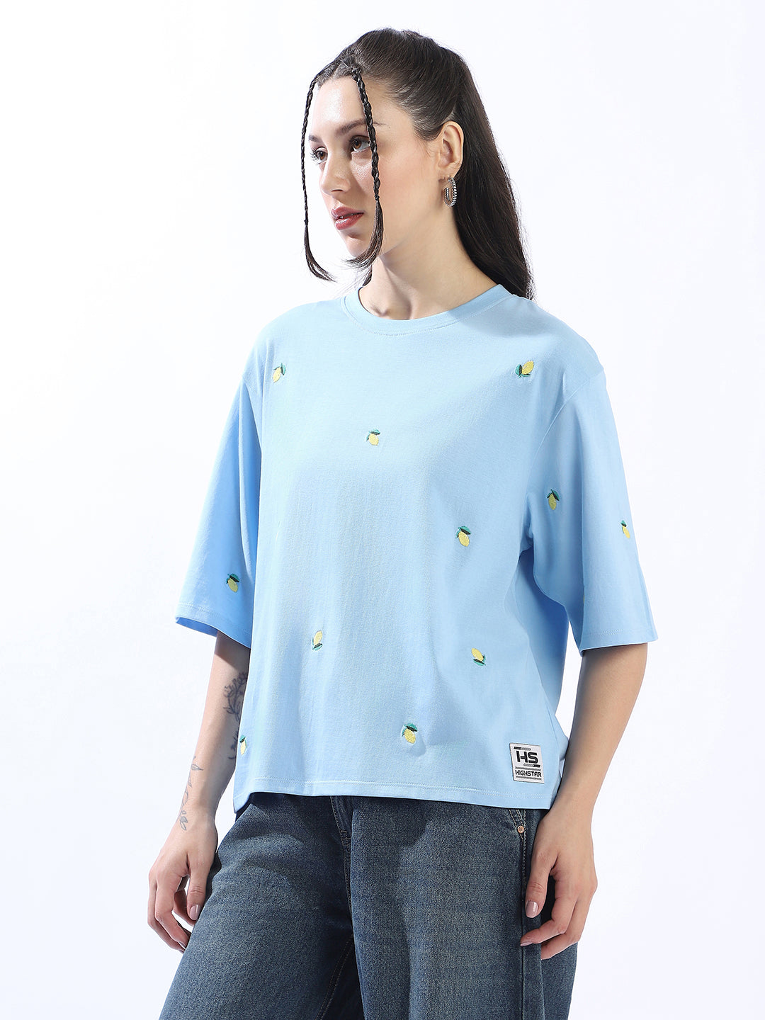 High Star Women Conversational Solid Round Neck Cotton Oversized T-shirt