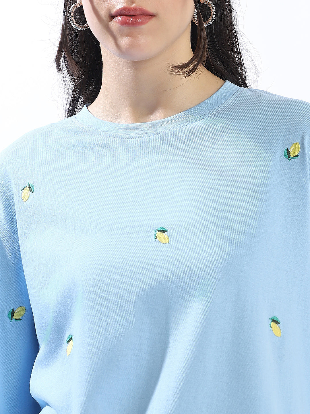 High Star Women Conversational Solid Round Neck Cotton Oversized T-shirt