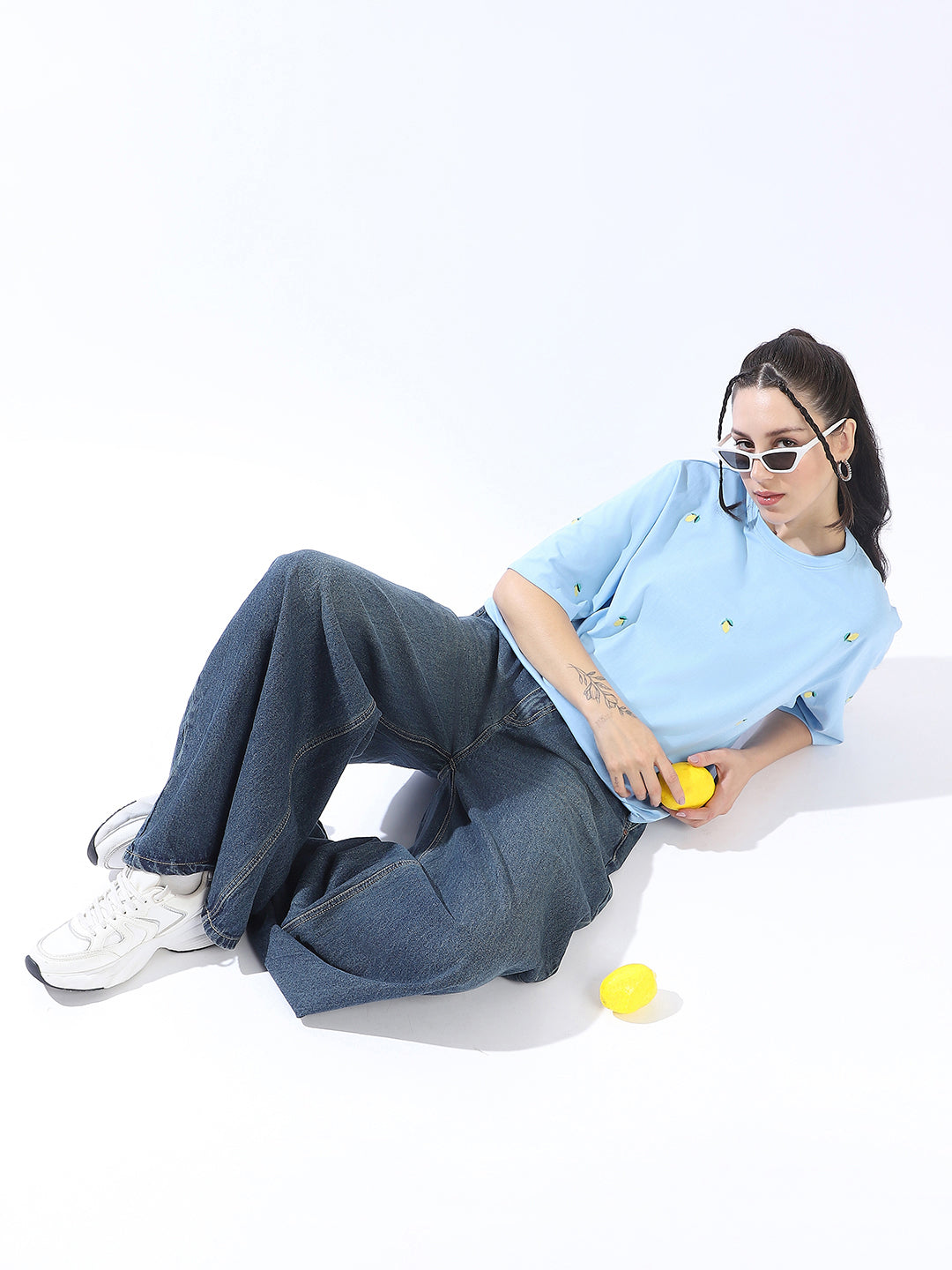 High Star Women Conversational Solid Round Neck Cotton Oversized T-shirt