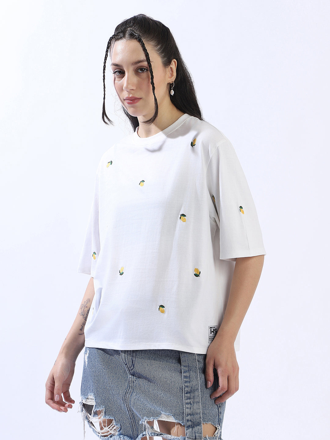 High Star Women Conversational Solid Round Neck Cotton Oversized T-shirt