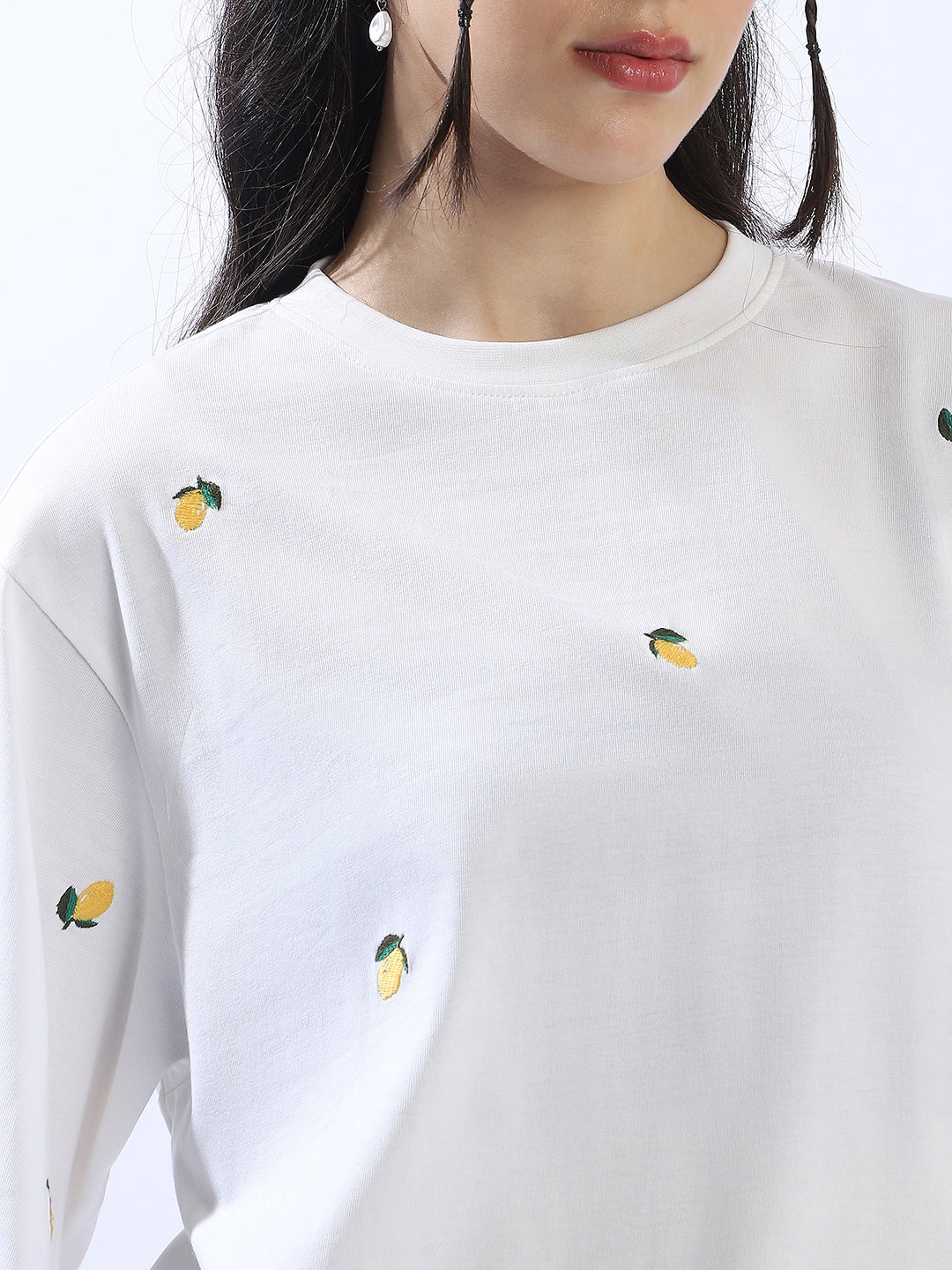 High Star Women Conversational Solid Round Neck Cotton Oversized T-shirt