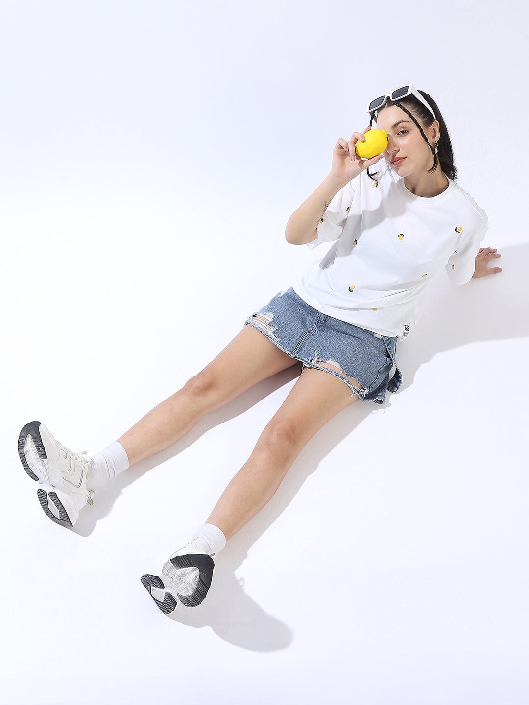 High Star Women Conversational Solid Round Neck Cotton Oversized T-shirt