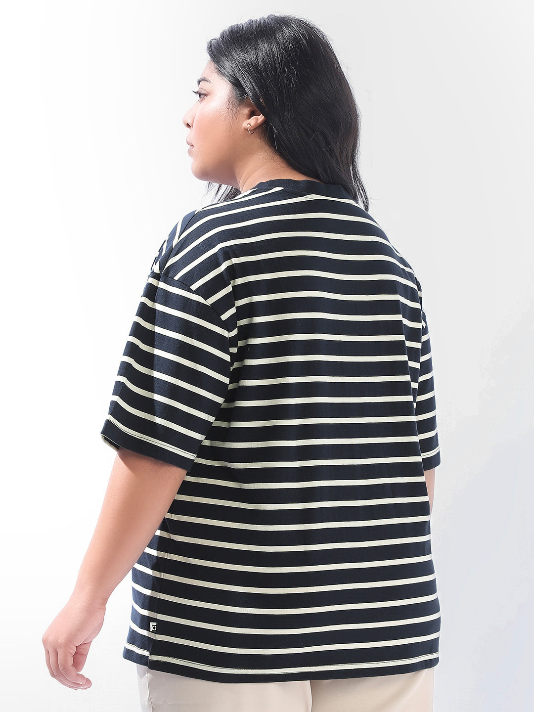 High Star Women Plus Stripes Oversized Fit Round Neck Half Sleeve Tshirts