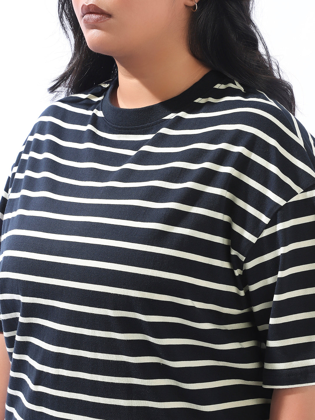 High Star Women Plus Stripes Oversized Fit Round Neck Half Sleeve Tshirts