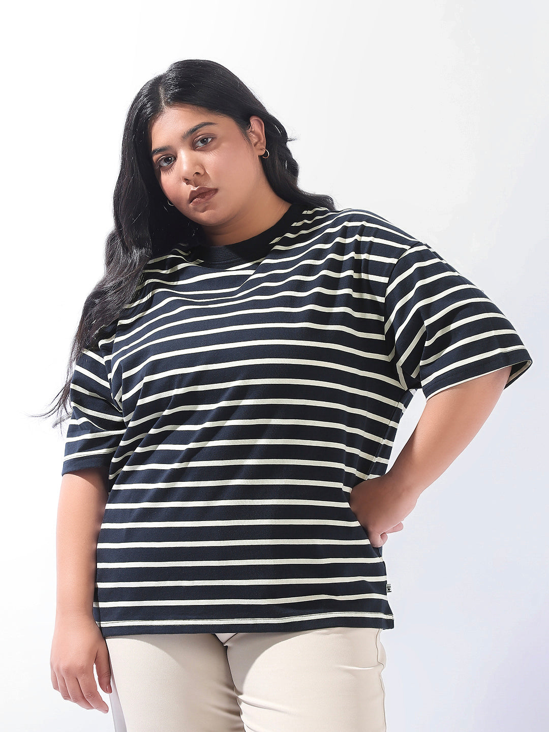 High Star Women Plus Stripes Oversized Fit Round Neck Half Sleeve Tshirts