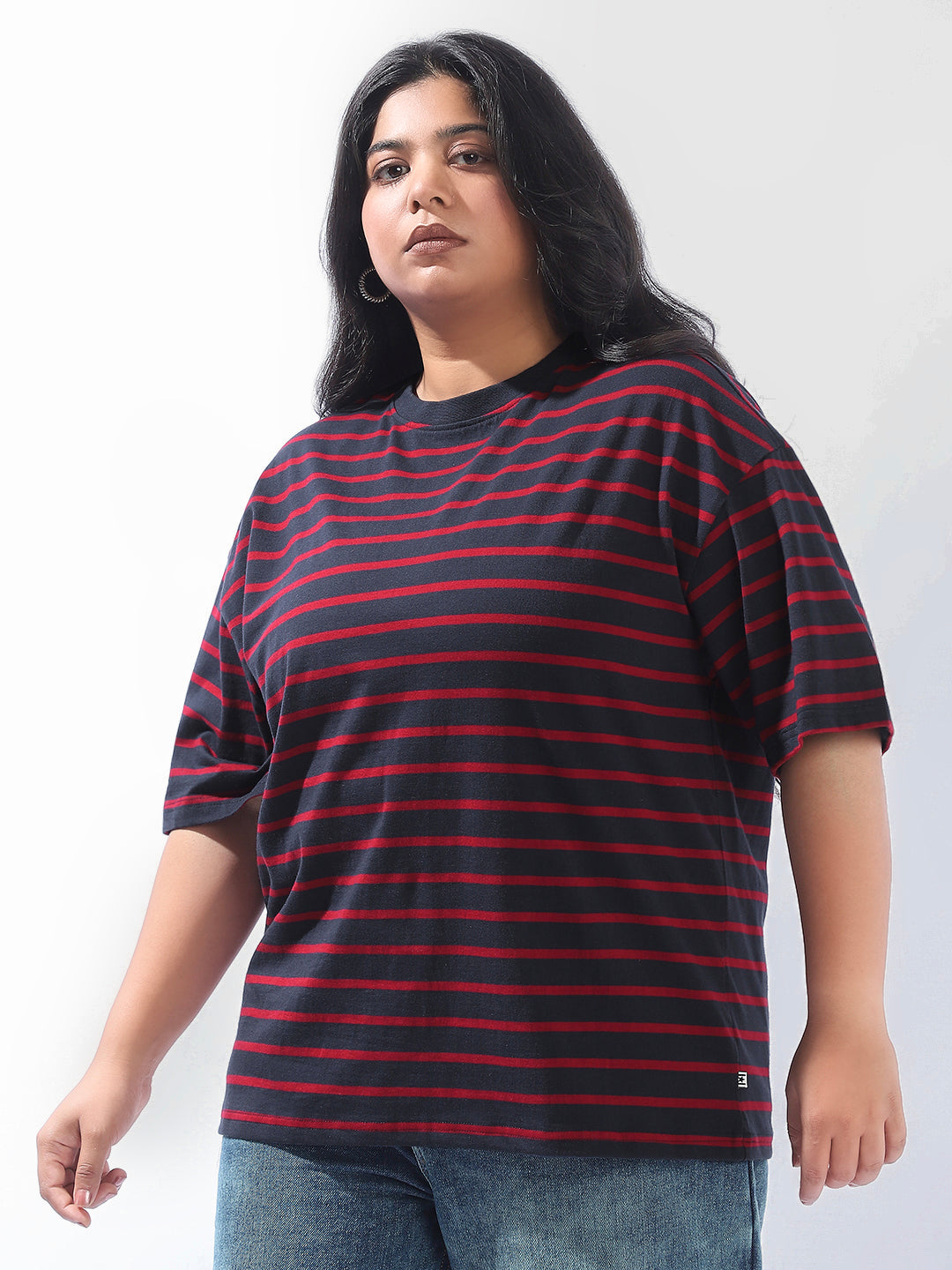 High Star Women Plus Stripes Oversized Fit Round Neck Half Sleeve Tshirts
