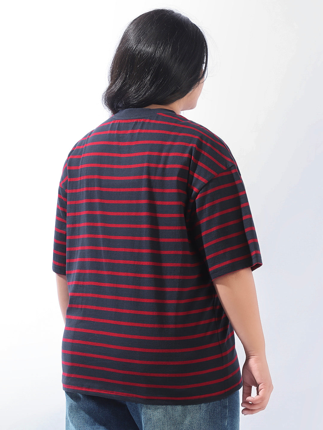 High Star Women Plus Stripes Oversized Fit Round Neck Half Sleeve Tshirts
