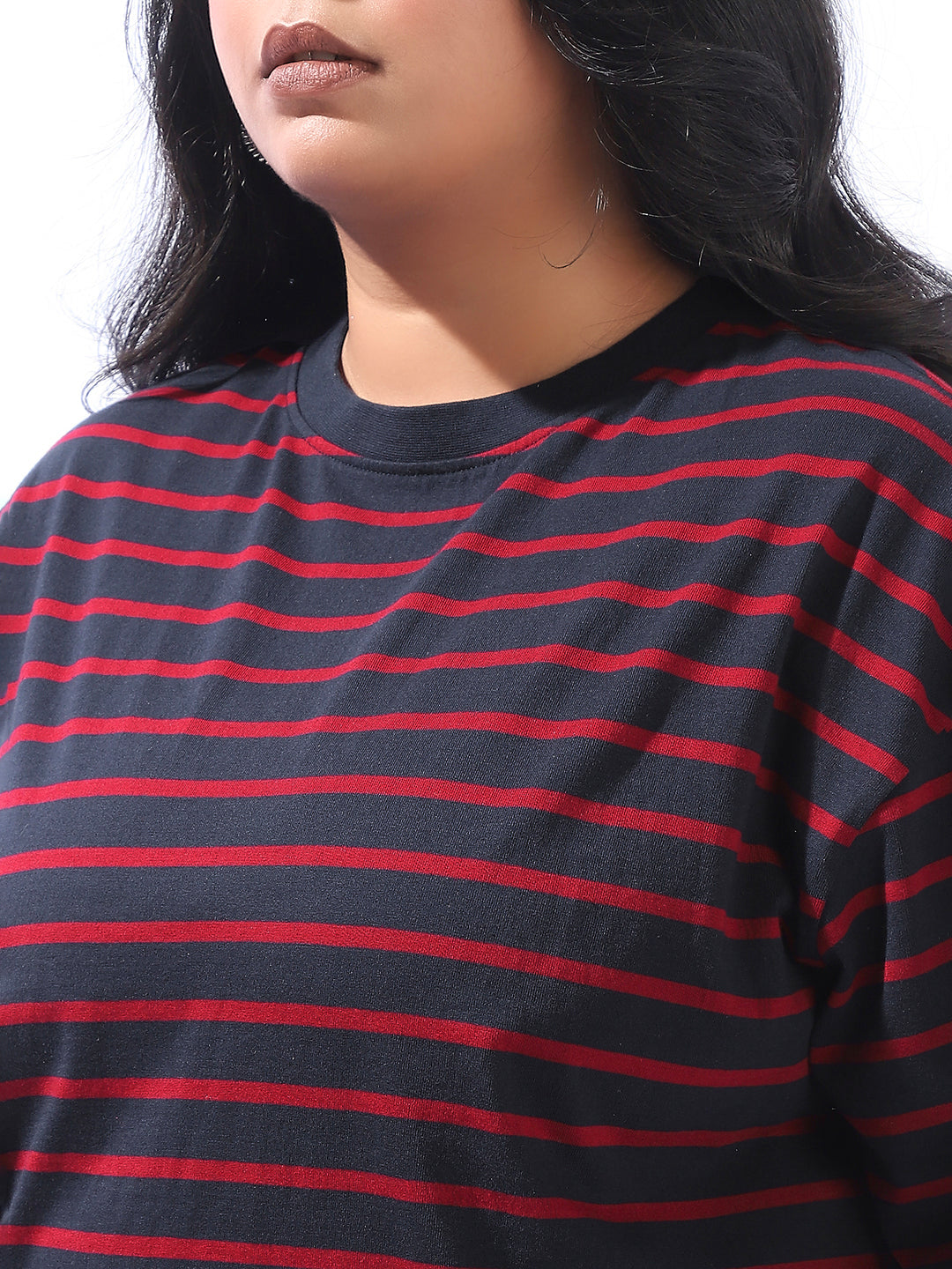 High Star Women Plus Stripes Oversized Fit Round Neck Half Sleeve Tshirts
