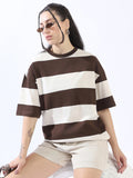 High Star Striped Round Neck Short Drop-Shoulder Sleeves Oversized Cotton T-shirt