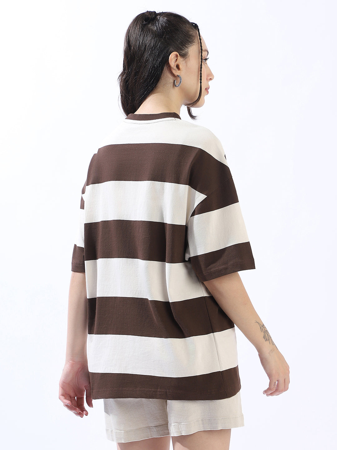 High Star Striped Round Neck Short Drop-Shoulder Sleeves Oversized Cotton T-shirt