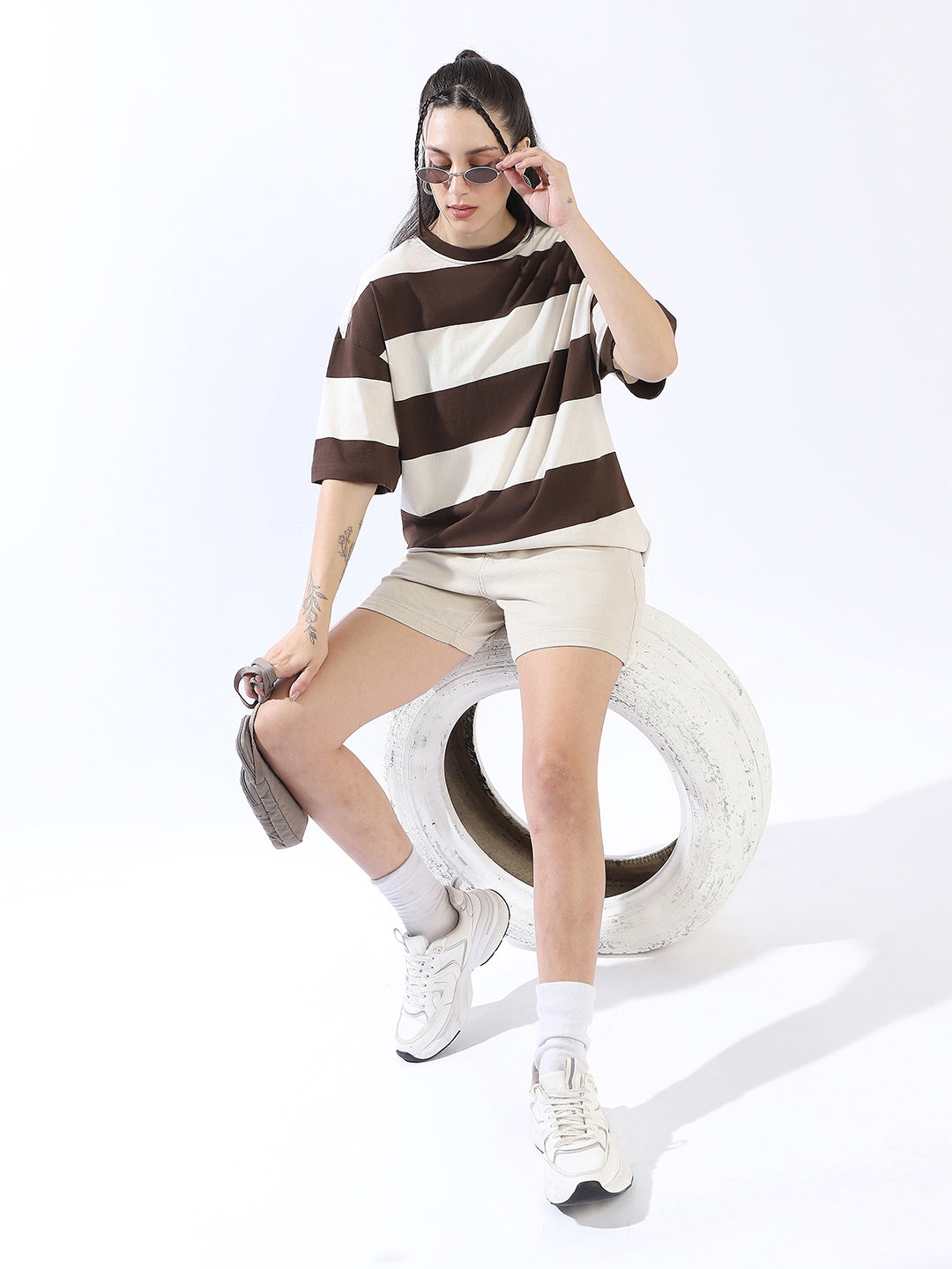 High Star Striped Round Neck Short Drop-Shoulder Sleeves Oversized Cotton T-shirt