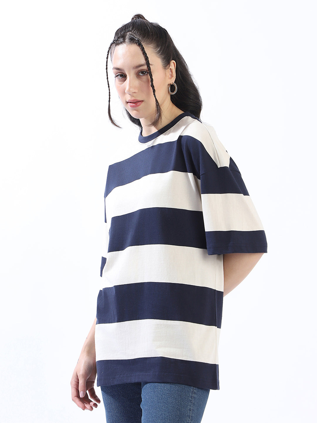 High Star Striped Round Neck Short Sleeves Oversized Cotton T-shirt