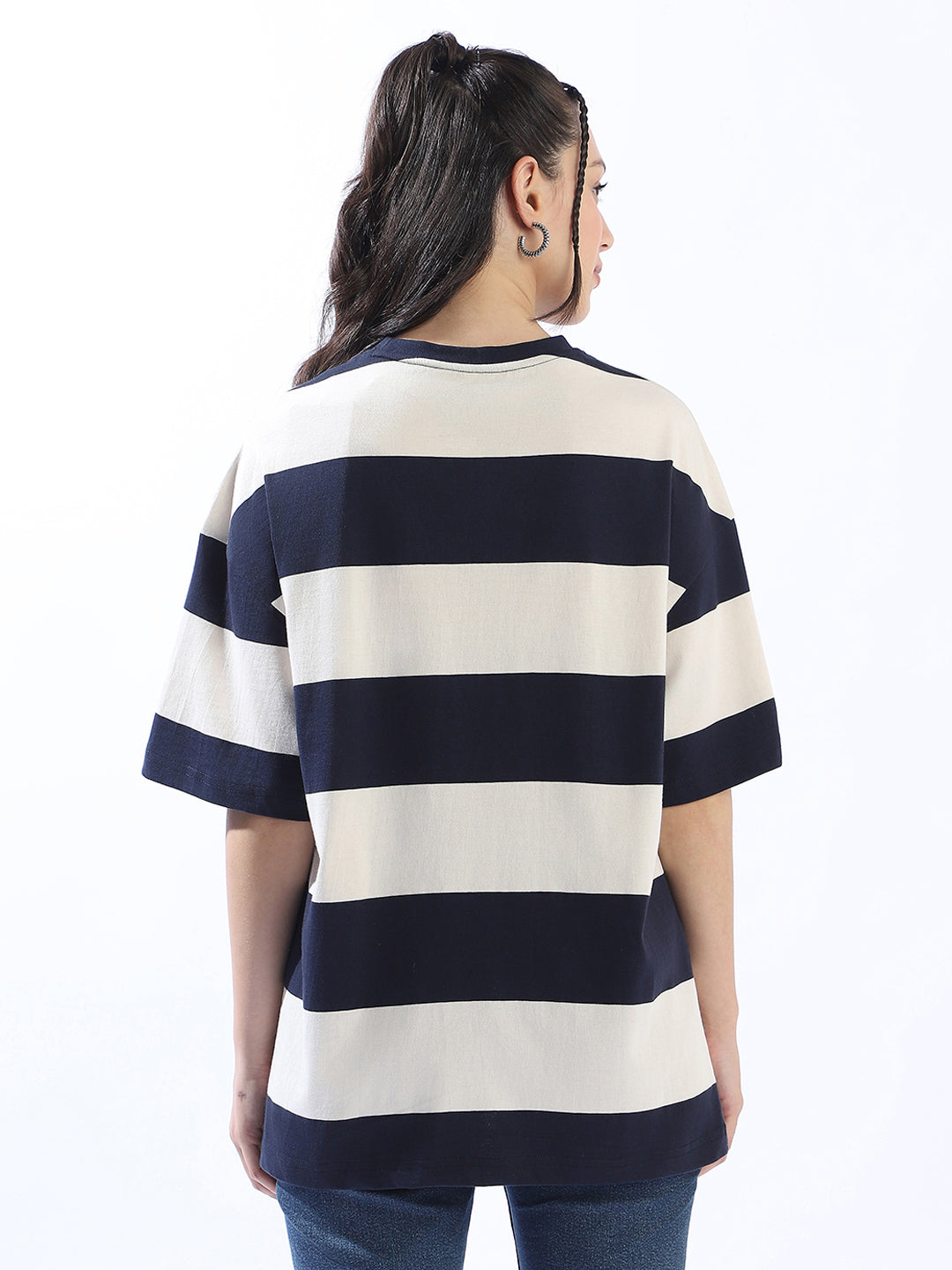 High Star Striped Round Neck Short Sleeves Oversized Cotton T-shirt
