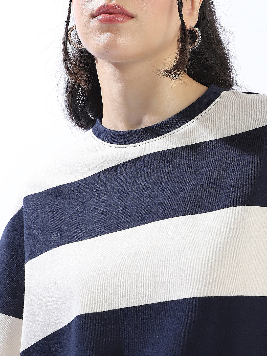 High Star Striped Round Neck Short Sleeves Oversized Cotton T-shirt