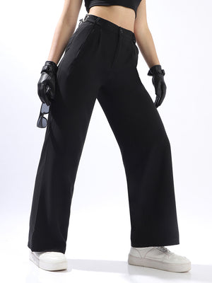 High Star Women Solid Wide Leg Regular High-Rise Straight Trousers