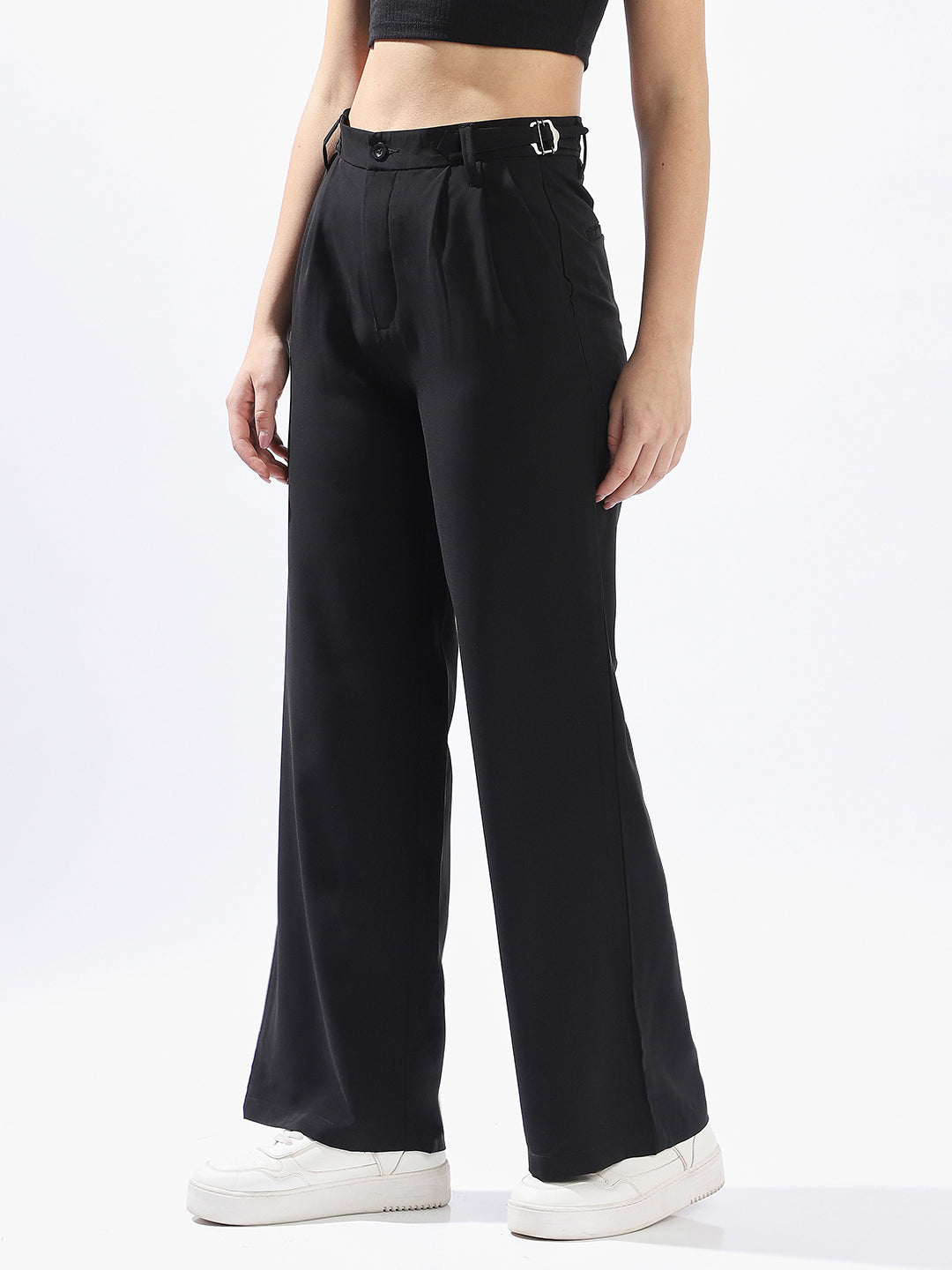 High Star Women Solid Wide Leg Regular High-Rise Straight Trousers