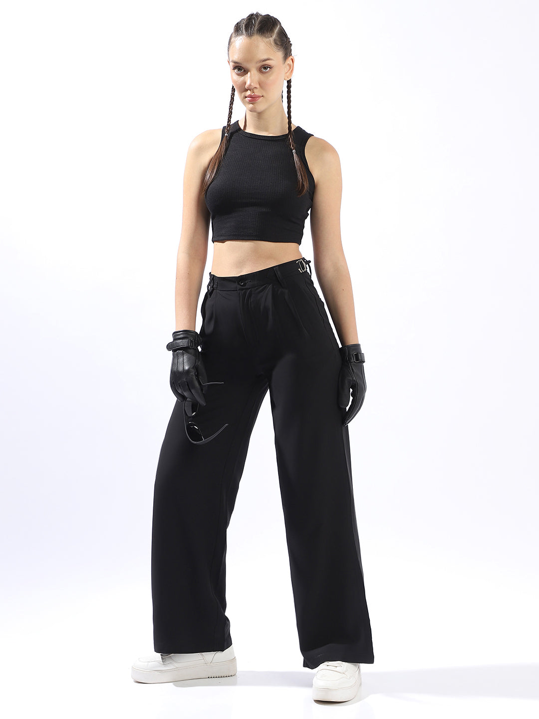 High Star Women Solid Wide Leg Regular High-Rise Straight Trousers