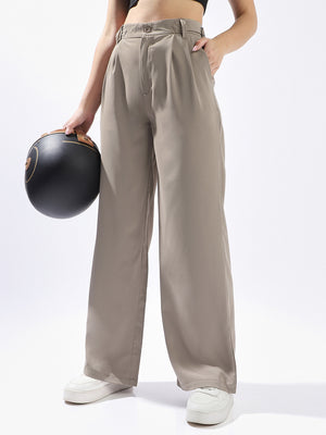 High Star Women Solid Wide Leg Regular High-Rise Straight Trousers