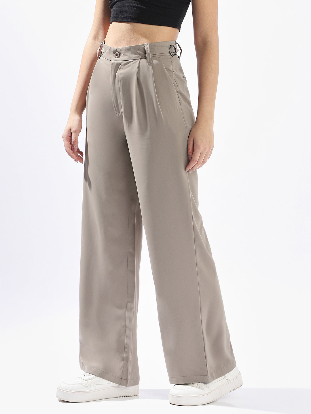 High Star Women Solid Wide Leg Regular High-Rise Straight Trousers