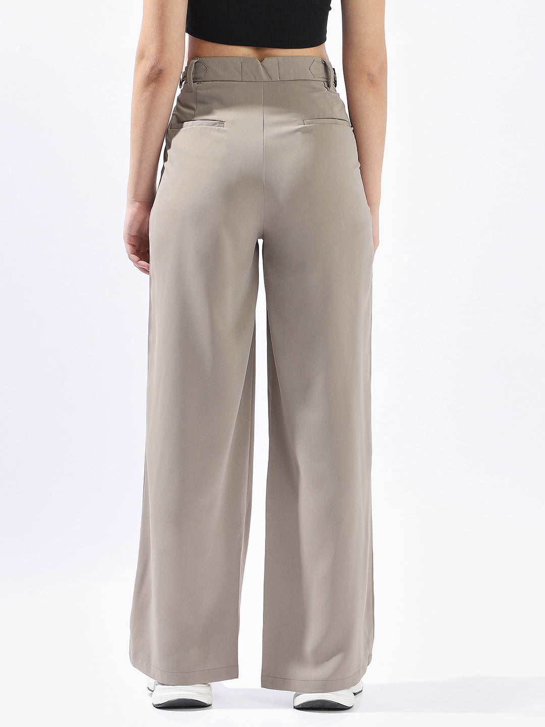 High Star Women Solid Wide Leg Regular High-Rise Straight Trousers