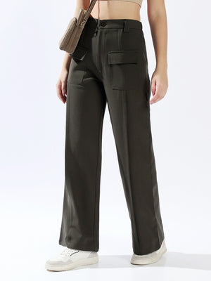 High Star Women Polyester Wide Leg High-Rise Casual Trousers