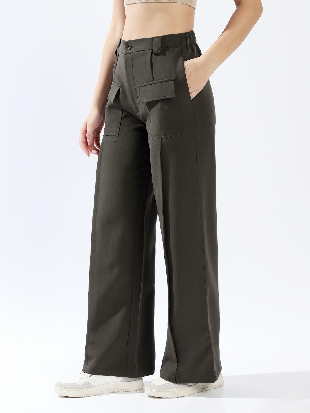 High Star Women Polyester Wide Leg High-Rise Casual Trousers
