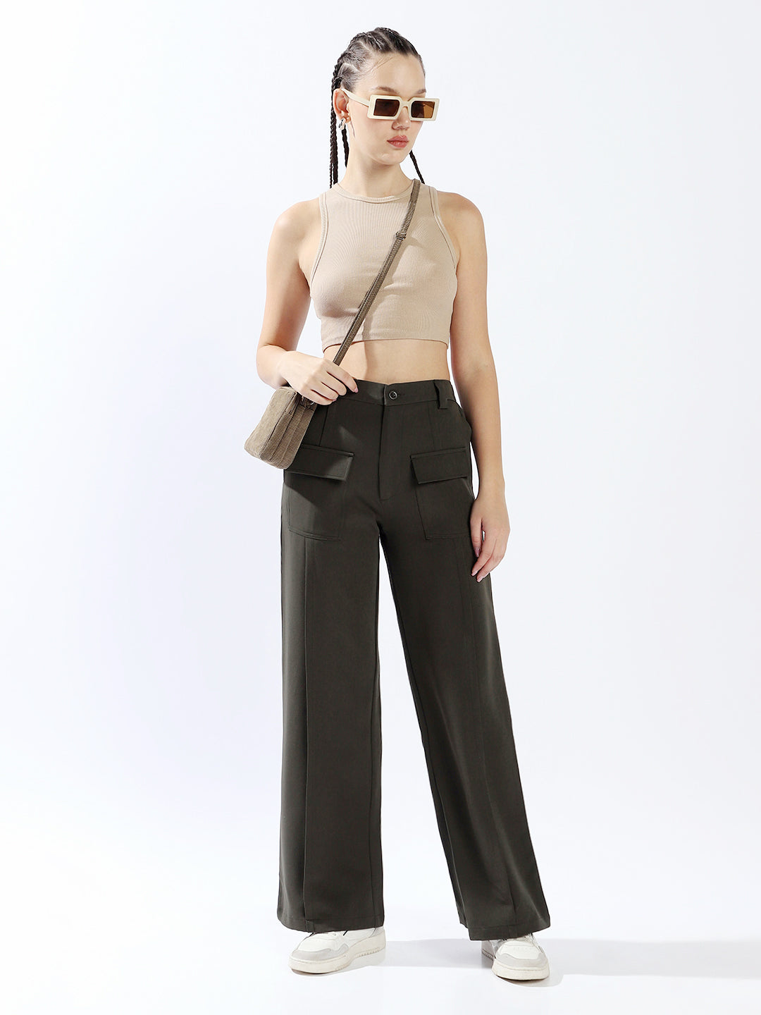 High Star Women Polyester Wide Leg High-Rise Casual Trousers